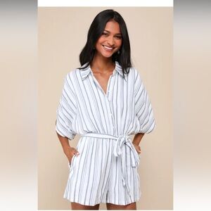 NWT Lulu’s Sun-Drenched Sweetie White and Blue Striped Button-Up Romper